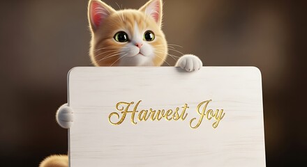 Adorable kitten holding a sign that says harvest joy in gold lettering against a soft brown background image design