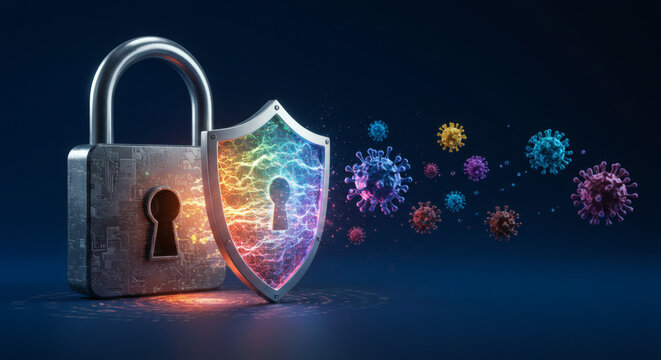 Robust Digital Security Colorful Shield and Padlock Guarding Against Cyber Threats and Viral Pathogens