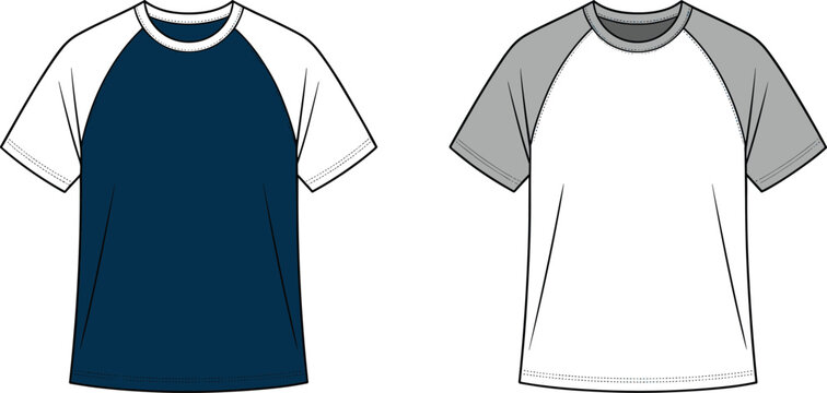 Fashion CAD flat vector illustration of raglan sleeve t-shirt design template, casual short sleeve top, clothing technical sketch front view