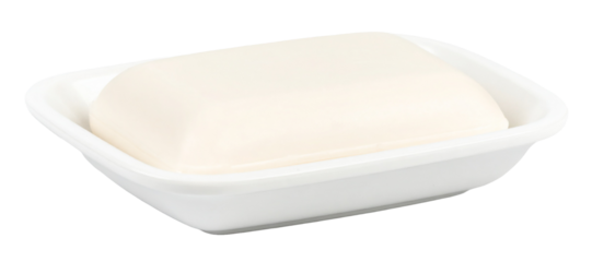 white soap bar on ceramic tray isolated on white background
