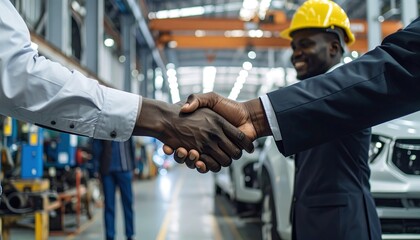 Diverse professionals shake hands, a gesture of agreement inside a large industrial facility. A vehicle sits nearby