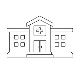 Minimal line art hospital building vector icon illustration. Simple outline healthcare symbol design representing medical facility, emergency service, clinic, pharmacy, wellness, and treatment.