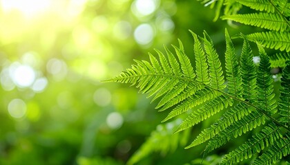 Green Fern Leaves in Blurred Natural Background. Close-up of green fern leaves with vivid colors and dew drops in natural blurred background.