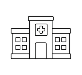 Minimal line art hospital building vector icon illustration. Simple outline healthcare symbol design representing medical facility, emergency service, clinic, pharmacy, wellness, and treatment.