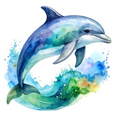 Watercolor dolphin leaping through waves