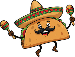 Cartoon taco character wearing sombrero, holding maracas, dancing happily, Mexican food mascot