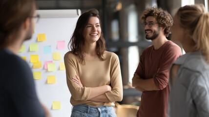 Diverse team brainstorming with colorful sticky notes on a whiteboard, leader showing empathy and openness, active listening, modern workspace with natural light, warm and professional atmosphere.