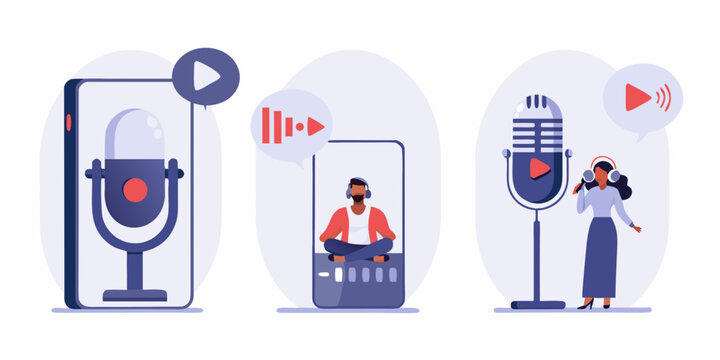 Digital podcasting and audio recording concepts with people using microphones and smartphones - Powered by Adobe