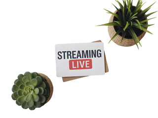 Streaming Live Sign with Succulents on White Background