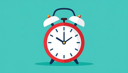 A simple, flat design alarm clock, set against a teal background, displays a specific time, highlighting the concept of punctuality and the passage of time.