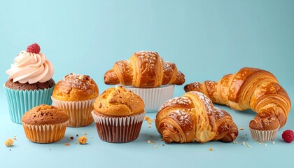 Assortment of baked goods against a solid blue background, including croissants, muffins, and a cupcake