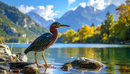 A tranquil green heron stands poised on a lakeshore, surrounded by autumnal foliage and a mountain backdrop.