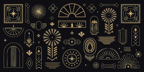 Collection of art deco geometric decorative elements in gold on a black background