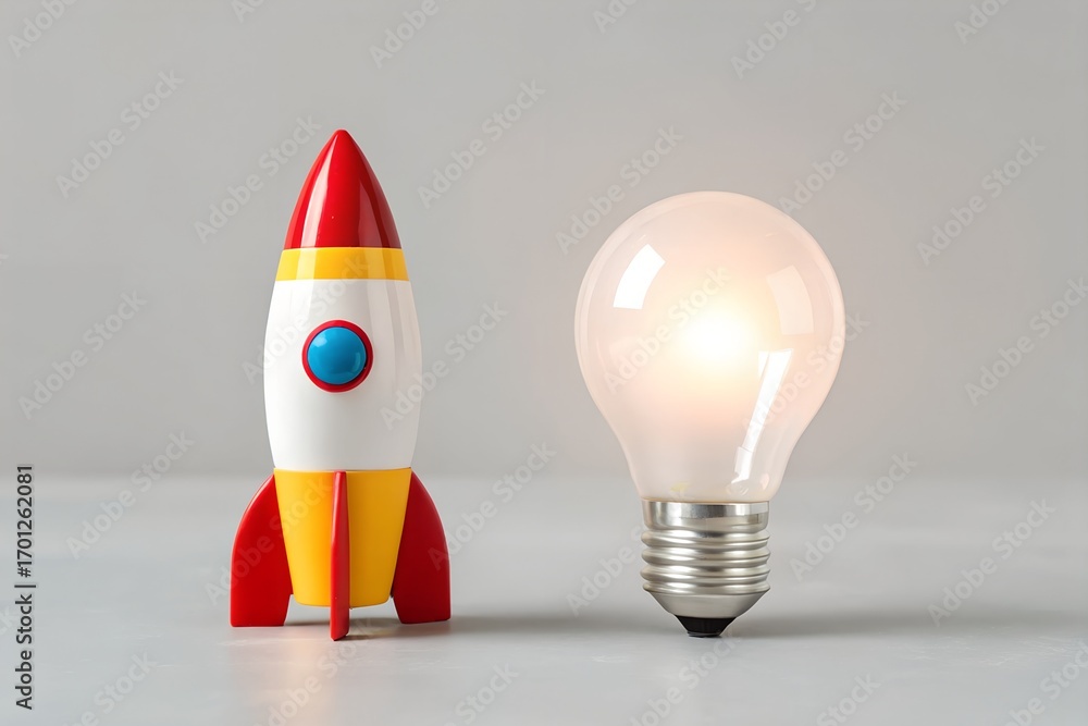 Poster toy rocket and glowing light bulb side by side on plain surface – conceptual metaphor for innovation