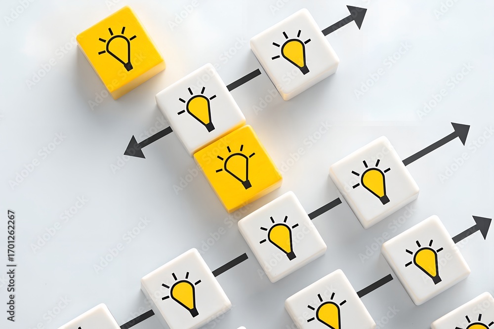 Poster grid of white and yellow blocks with light bulb icons and directional arrows – conceptual metaphor f