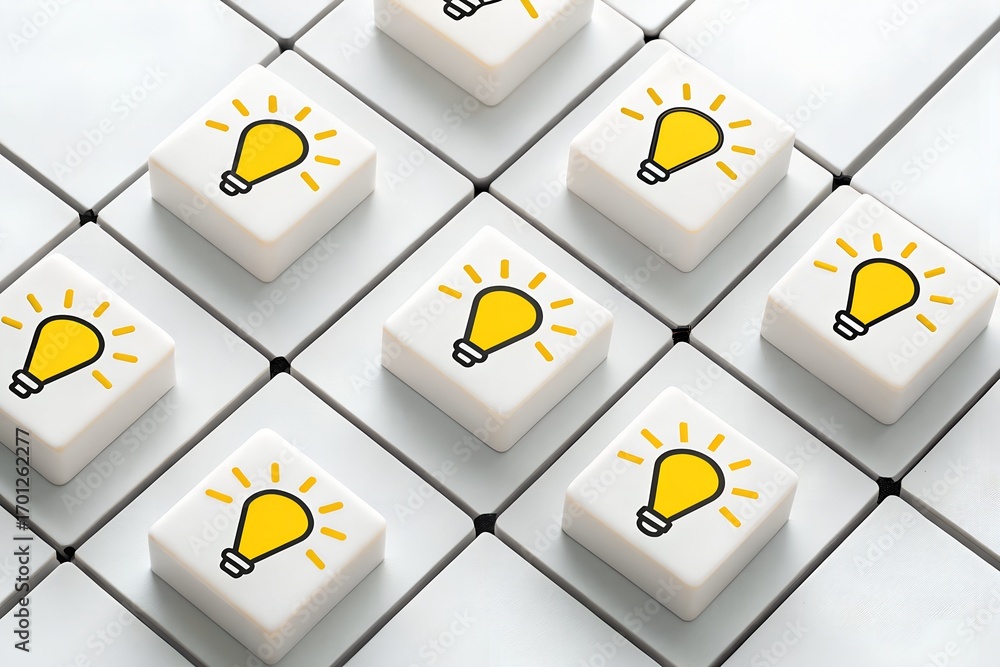 Aufkleber diagonal grid of keyboard keys with yellow light bulb icons on reflective surface – conceptual metap