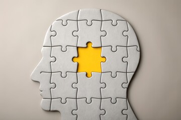 Human head-shaped puzzle with missing center piece revealing yellow background – Conceptual metaphor for cognition, mental gaps, and problem-solving, business, abstract, emotion, strategy, psychology