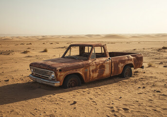 Fototapeta premium Iconic vintage rusted pickup truck abandoned in vast, sun-drenched desert landscape