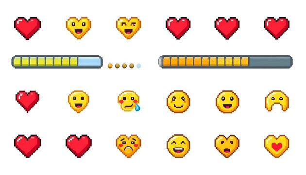 Pixelated hearts and emoticons, arranged in a grid pattern, along with a progress bar, convey a playful and retro vibe.