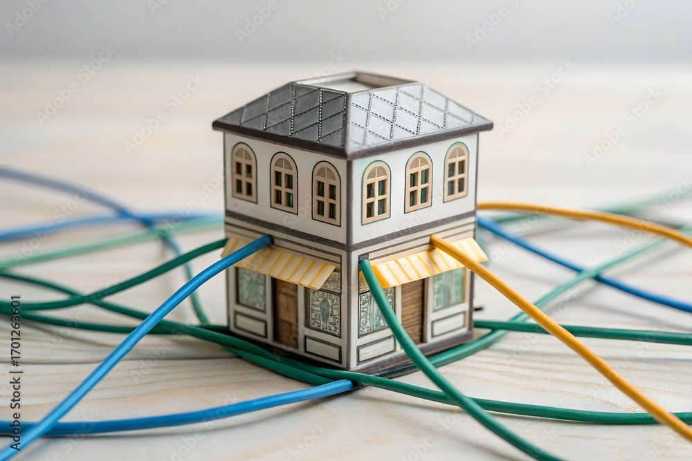 Poster model building with colorful network cables plugged into facade – conceptual smart connectivity and 