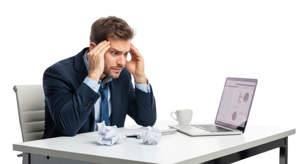Stressed businessman looking at financial report on laptop modern illustration inspired by Stressed businessman