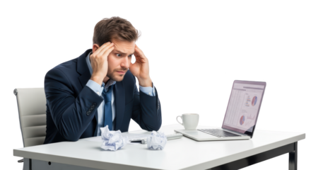 Stressed businessman looking at financial report on laptop modern illustration inspired by Stressed businessman