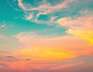 Fototapeta premium A vibrant sky painted in hues of orange, pink, and purple, adorned with fluffy white clouds, creating a stunning sunset backdrop.