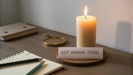 Motivational Workspace with Candle, Notebook, and Inspirational Note