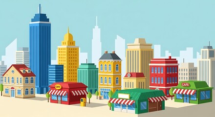 Vibrant cartoon city skyline featuring diverse architectural styles