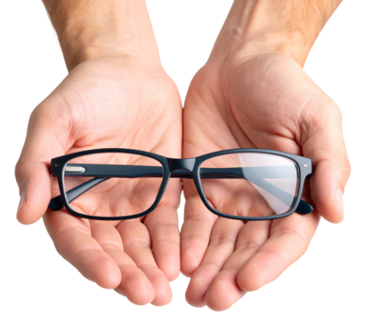 top view of glasses in open hand isolated on white background