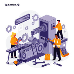 Three workers collaborate on a large industrial machine, using tools and gears to maintain or repair the equipment in a teamwork setting.
