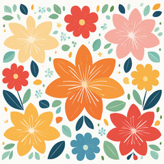 Colorful Floral Pattern With Orange Red Yellow And Blue Flowers On White Background