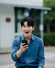 휴대폰을 들고 행복한 남성