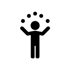 A flat minimalist icon of a juggler figure tossing some  balls.