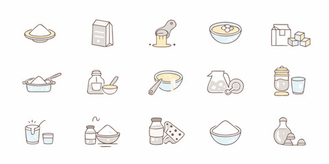 Collection of cute hand drawn icons representing ingredients and preparation steps for baking and cooking