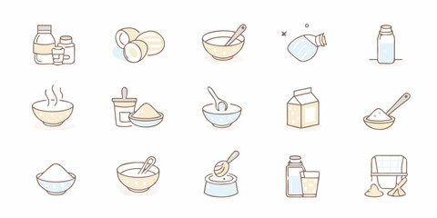 Collection of cute hand drawn icons representing ingredients and preparation for food and drinks