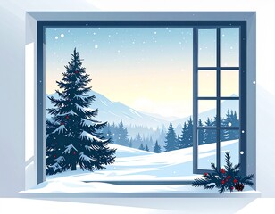 Snowy Window Scene with Christmas Tree Silhouette