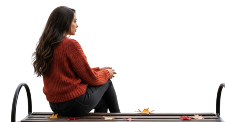 Woman in Orange Sweater Sitting on Bench with Autumn Leaves modern illustration inspired by