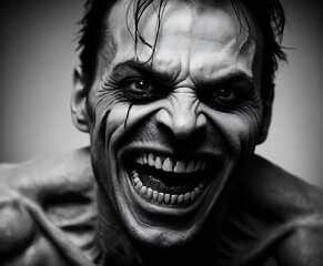 Monochrome Portrait of a Man with Disturbing Grin and Makeup