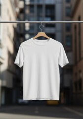 Blank white t-shirt mockup hanging on a wooden hanger against a blurred urban street background