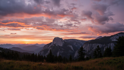 Mountain sunset panorama with dramatic sky and vibrant colors. Perfect for landscape photography, travel, adventure, nature, scenic views, and outdoor concepts.
