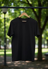 Blank black t-shirt mockup hanging on a wooden hanger in a lush green park setting for design