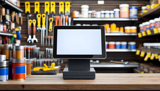 Empty tablet POS terminal on a counter in a hardware store.