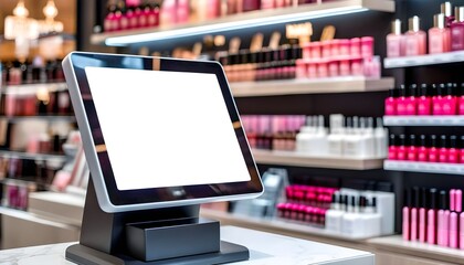 Blank POS terminal in a cosmetics store, showcasing various beauty products on shelves.