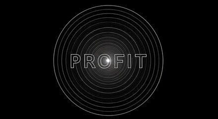 Abstract concentric circles radiating from the word PROFIT on a black background, representing growth and financial success