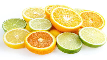 Fototapeta premium A refreshing citrus-themed background with sliced lemons, oranges, and limes on a white surface.