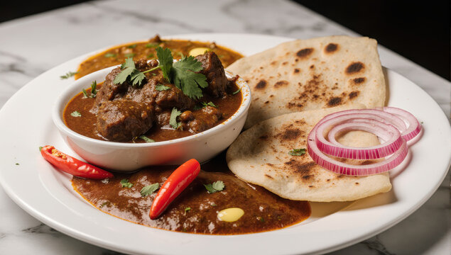 Spiced lamb curry with flatbread, sliced red onion and chili garnish on white plate, rich sauce and cilantro adding warm, savory appeal