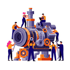 Team of mechanics working on a large industrial machine, performing maintenance and repairs with tools and teamwork.