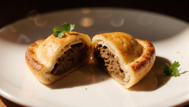 Savory meat pie on plate cut open to reveal seasoned filling with flaky golden pastry and parsley garnish, warm appetizing closeup shot evoking comfort and hunger