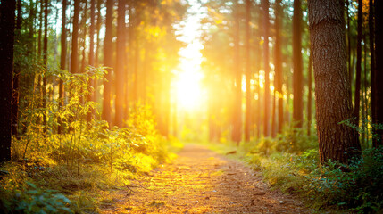 Fototapeta premium A blurred sunlit forest background with natural bokeh, evoking a fresh and organic feel.